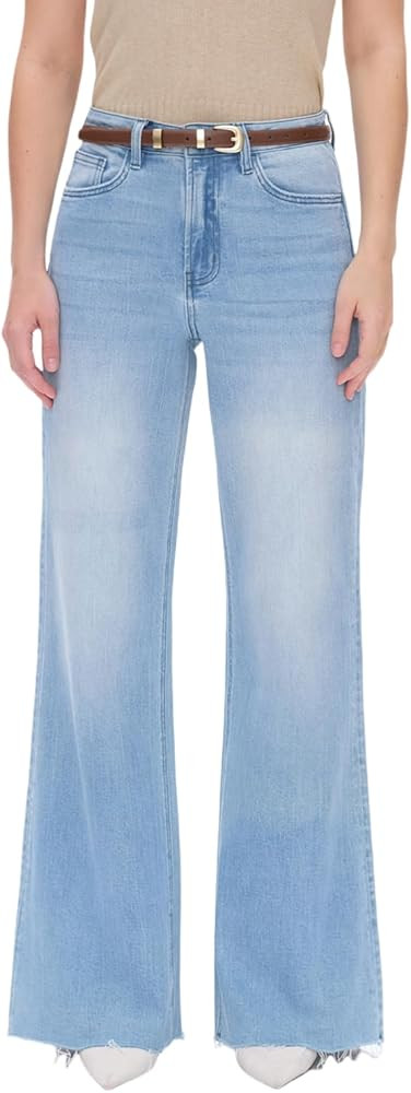 High Waist Stretchy Wide Leg Jeans for Women Basic Straight Denim Pants Raw Hem Underwear Trouser | Amazon (US)