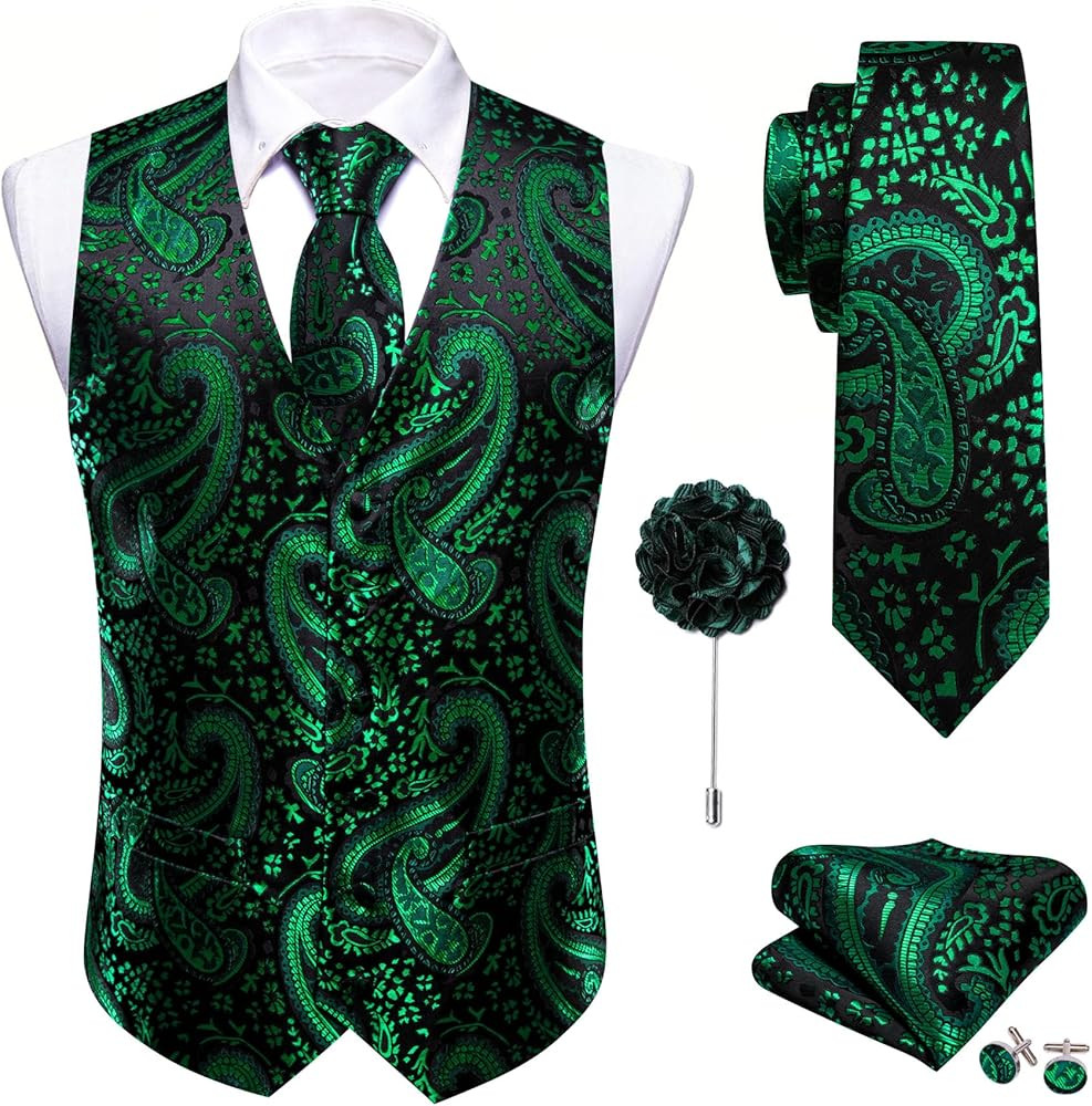 Barry.Wang Mens Paisley V-Neck Suit Waistcoat Silk Woven Vest Tie Set Clip Brooch Handkerchief Cu... | Amazon (US)