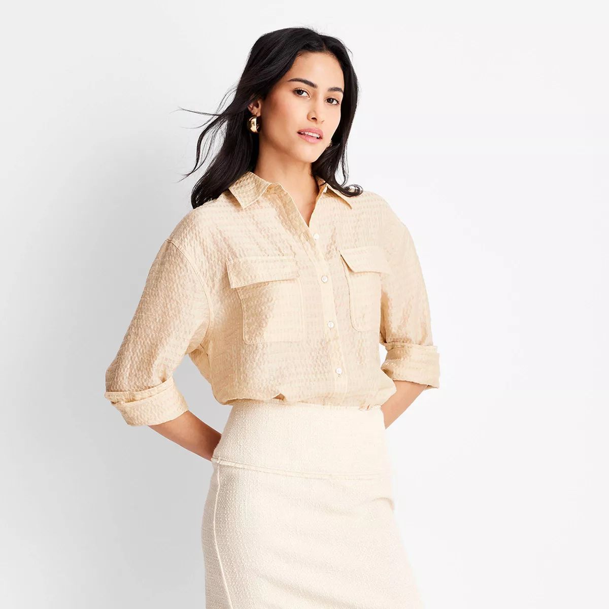 Women's Long Sleeve Utility Button-Down Top - Future Collective™ with Jenny K. Lopez Beige | Target