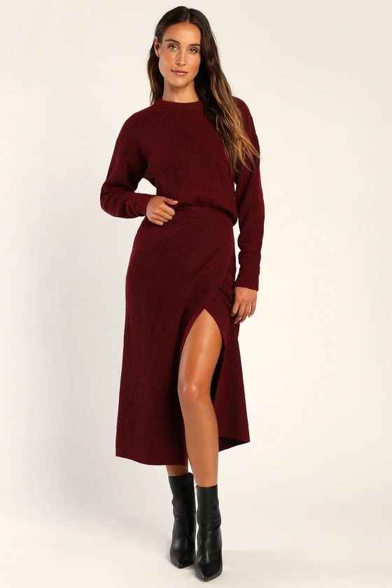 Autumn Sweetheart Burgundy Waffle Knit Two-Piece Sweater Dress | Lulus (US)