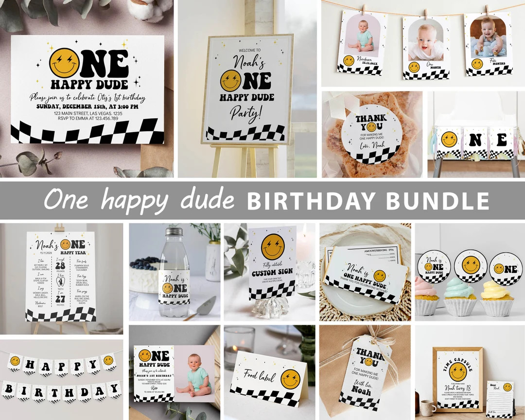 Editable One Happy Dude Birthday Invitation Bundle, Boy 1st Birthday Party Kit, Smiley Face Birth... | Etsy (US)