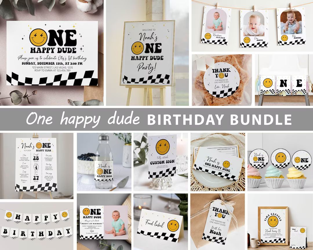 Editable One Happy Dude Birthday Invitation Bundle, Boy 1st Birthday Party Kit, Smiley Face Birth... | Etsy (US)