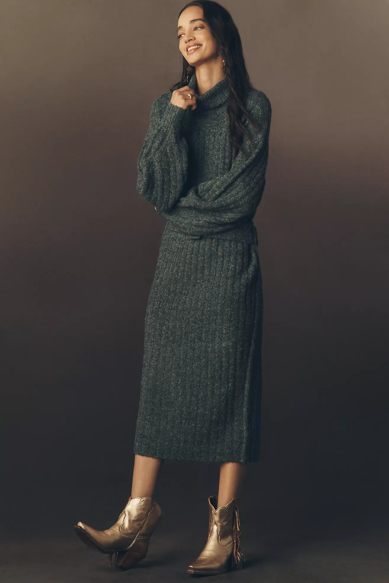 By Anthropologie Long-Sleeve Turtleneck Belted Sweater Midi Dress | Anthropologie (US)