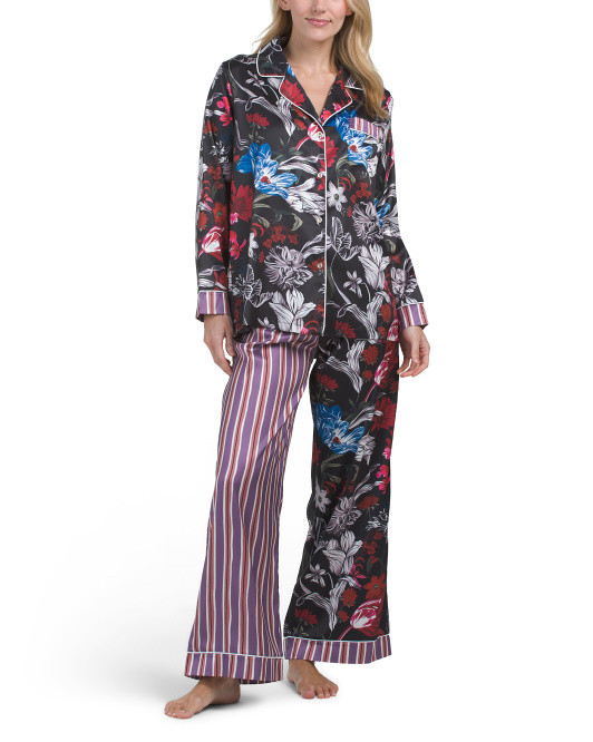 Floral Mixed Print Satin Pajama Set | TJ Maxx