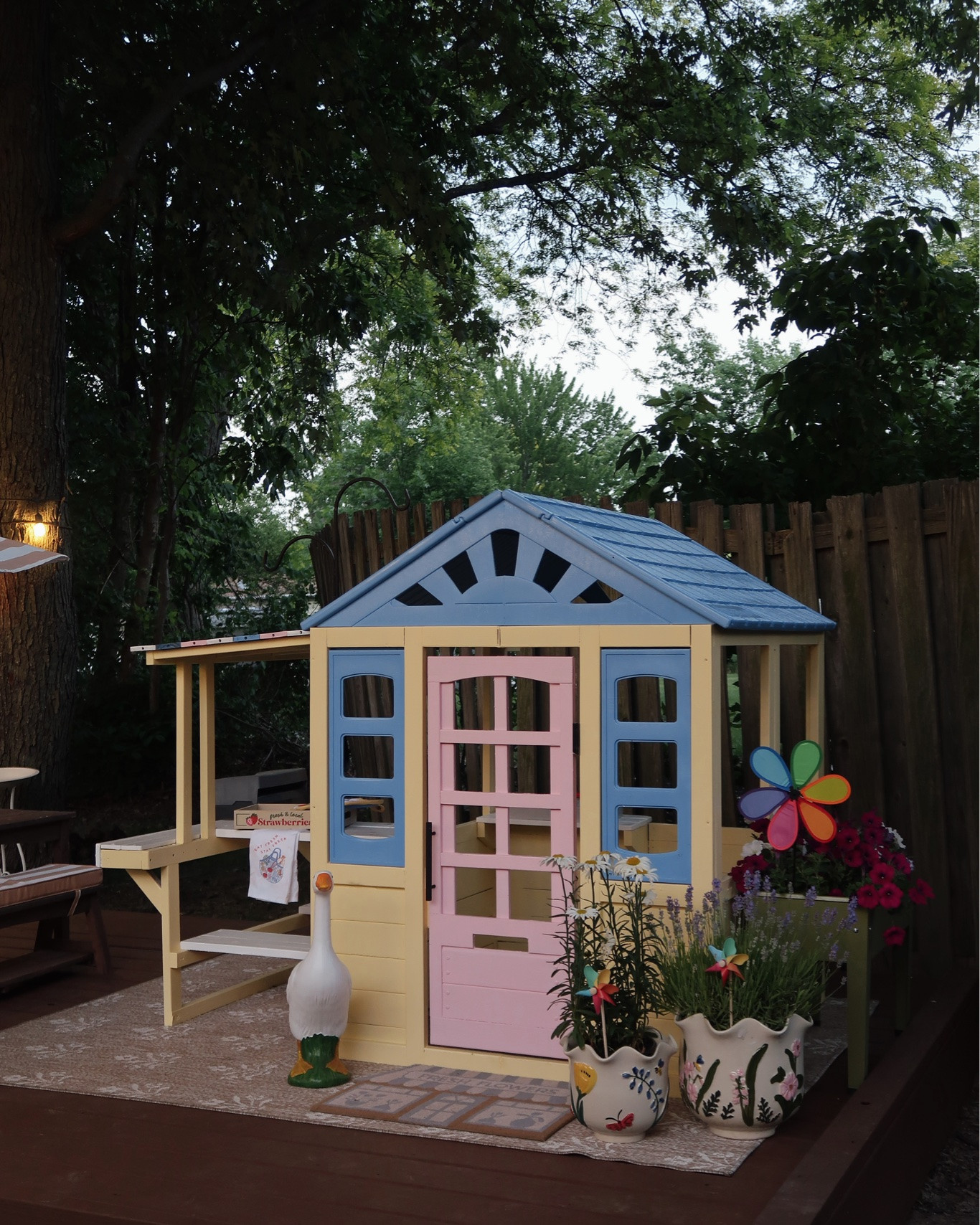 Playhouse makeover but make it colorful and whimsy 😍 Linking to similar playhouses and also all of our decor / accessories! This kids picnic table has lasted us years and it’s amazing! The kids love it 💖 

Toddler deck, toddler playhouse, wooden playhouse, wooden picnic table, KidKraft, striped umbrella, Hape wooden grill

#LTKmomlife #LTKHome #LTKKids