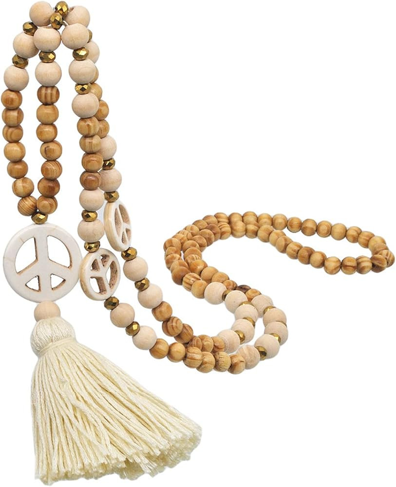Vintage Natural Round Wooden Beads Long Sweater Chain Strand Necklace Handmade Retro Ethnic Peace... | Amazon (US)
