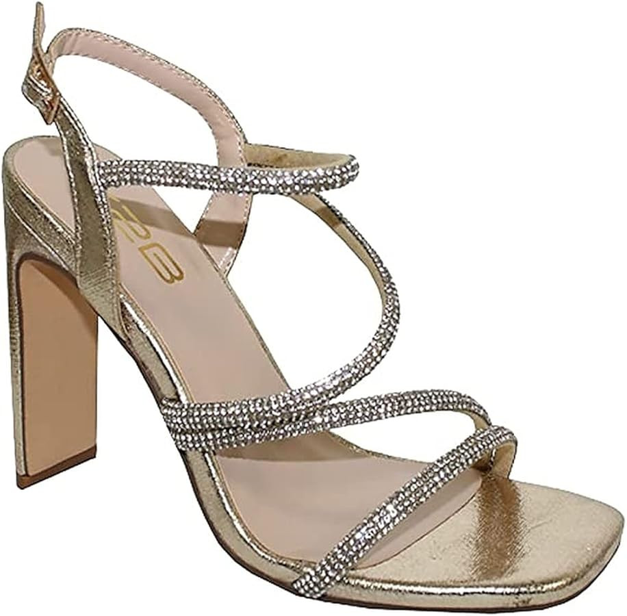 X2B Women's Rhinestone Chunky High Heel Sandal Strappy Open Toe Ankle Strap Dress Shoes | Amazon (US)