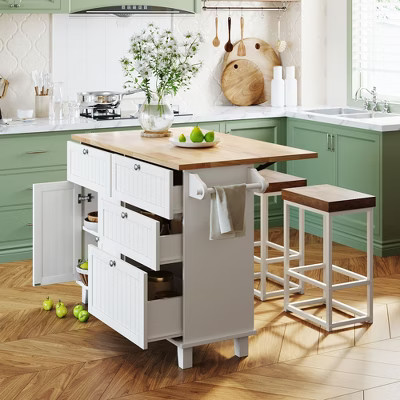 Whisen Kitchen Island Set with Drop Leaf and 2 Seatings - White | Target