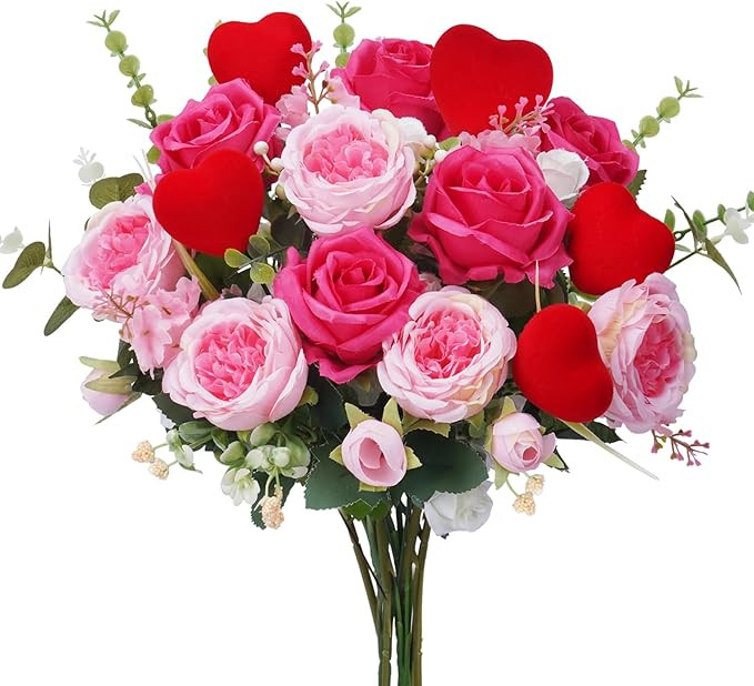 Artificial Valentine Flowers Silk Rose Peony Bouquets Red Pink Faux Flowers Spring Floral Arrange... | Amazon (US)