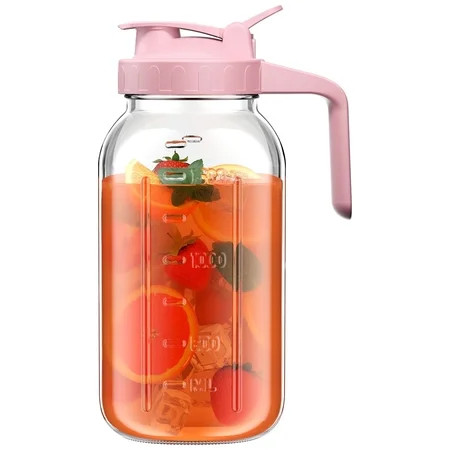 VA1KENE Mason Jar Pitcher 2 Quart Glass Pitcher with Lid and Pour Spout Leakproof for Juice Coffee Milk Beverages Tea Pink | Walmart (US)