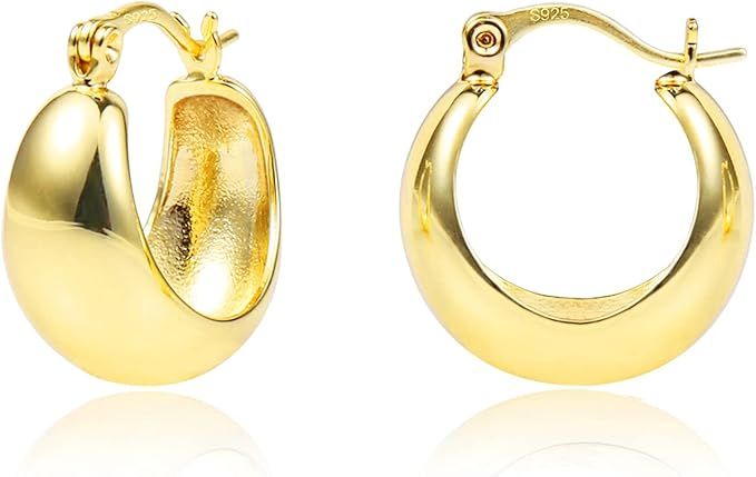14K Gold Plated Small Chunky Gold Hoop Earrings for Women Girls Hypoallergenic Sterling Silver Po... | Amazon (UK)