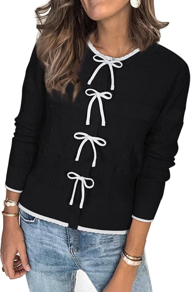 Arach&Cloz Women’s Bow Sweaters Fall Color Block Casual Cardigan Sweaters 2025 | Amazon (US)