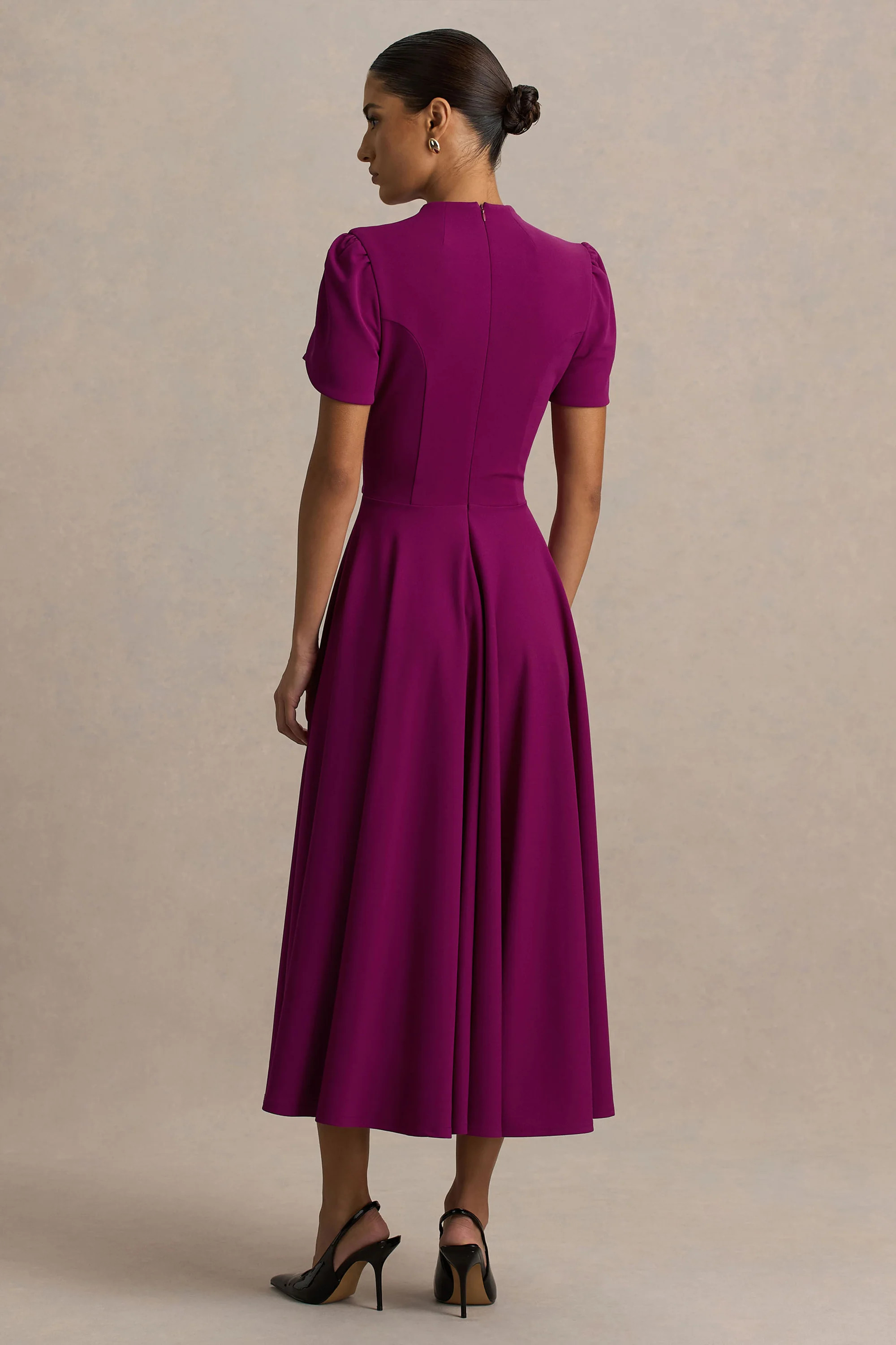 Vicky | Mulberry High Neck Midi Dress With Puff Sleeves | Club L London