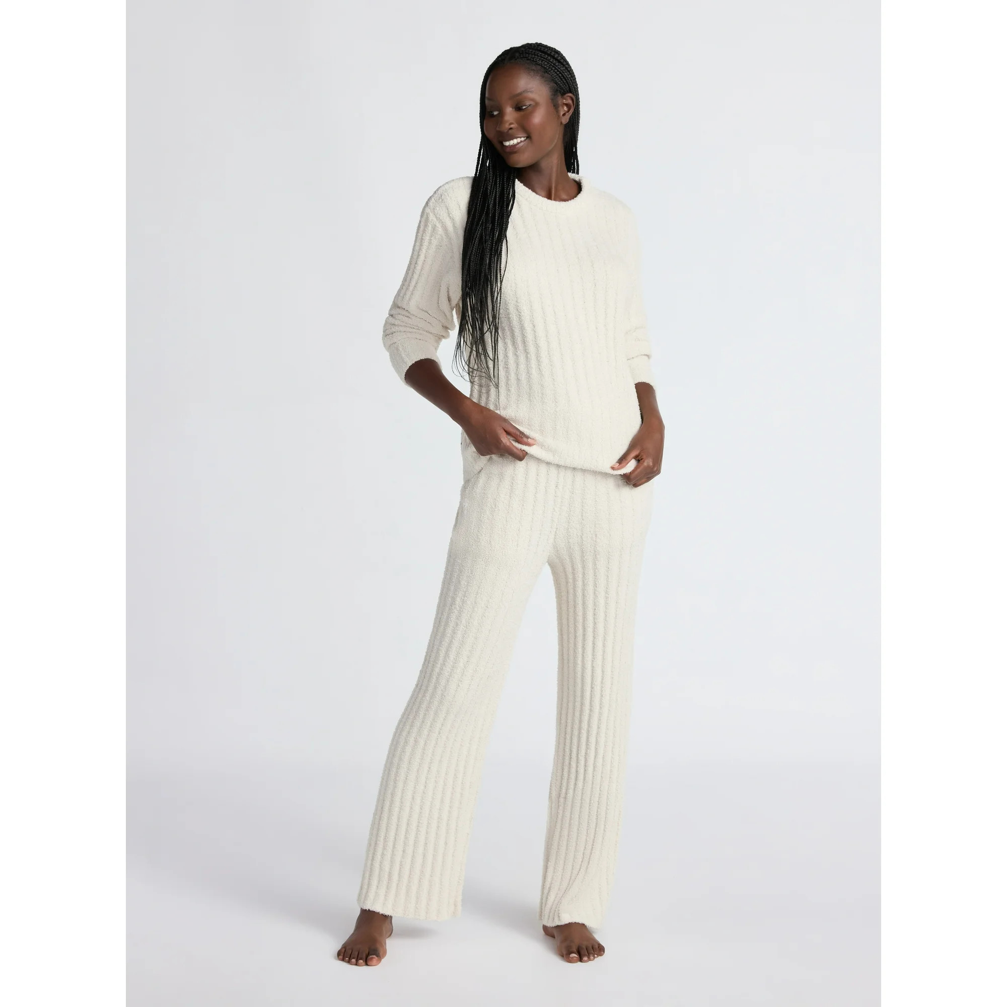 Joyspun Women's Cozy Ribbed Crewneck Top and Wide-Leg Pants Set, 2-Piece, Sizes XS-3X | Walmart (US)