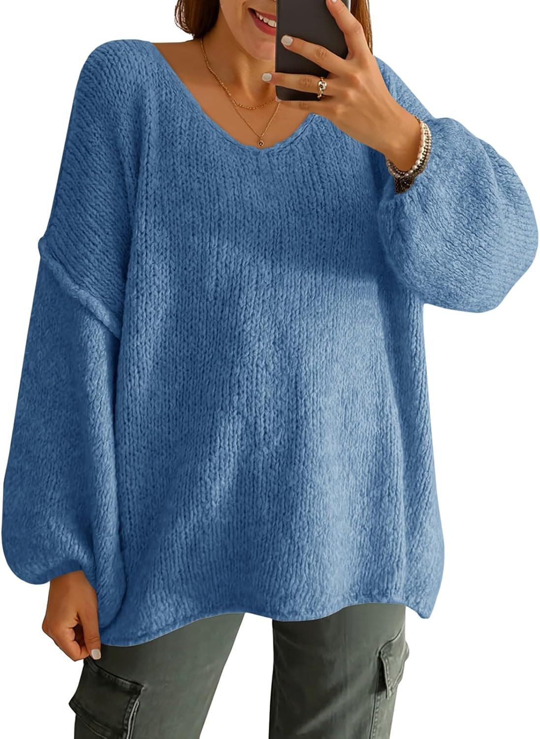 Saodimallsu Womens Oversized V Neck Sweaters Chunky Lantern Sleeve Knit Top | Amazon (US)