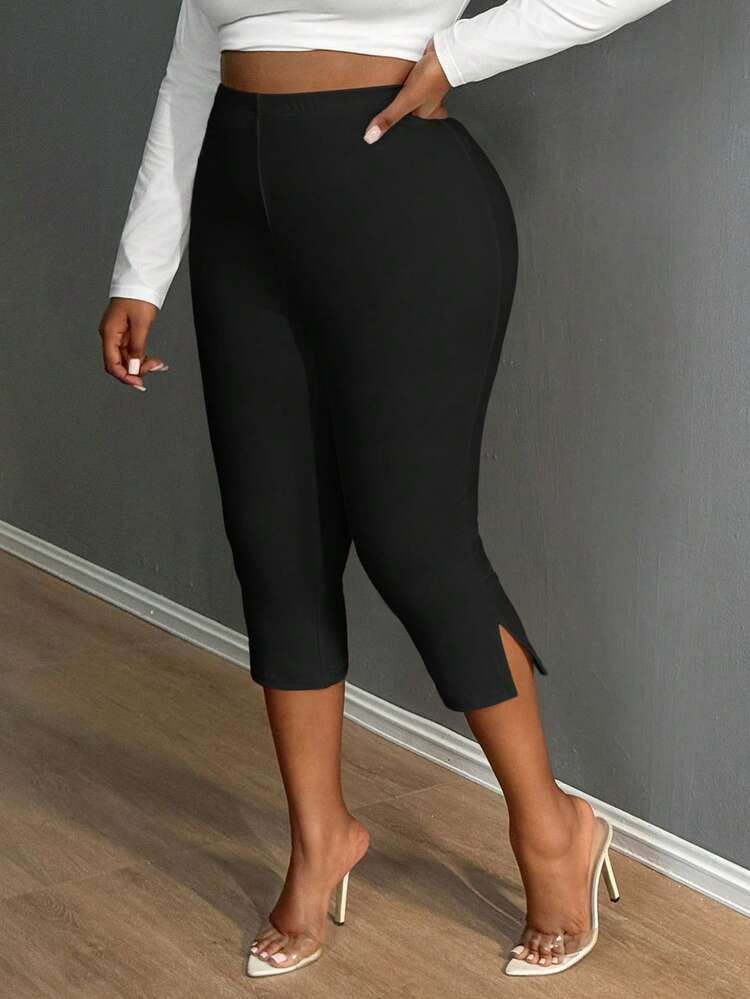 SHEIN SXY Solid Split Cropped Leggings, Casual Elastic Waist Every Day Stretchy Leggings, Women's Plus Clothing | SHEIN