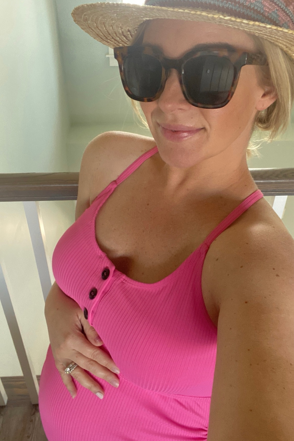 Maternity swimsuit, beach straw hats, tortoise shell sunglasses 

#LTKswim #LTKbump #LTKSeasonal