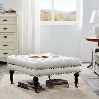 Belleze Square Ottoman Padded Support Button w/ Rolling Wheels, Beige - standard | Bed Bath & Beyond