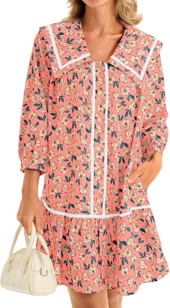 Wenrine Womens Casual Shirt Dresses 3/4 Long Sleeve Floral Button Down Flowy Babydoll Fall Mini Dress | Amazon (US)