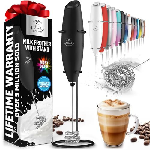 Zulay Kitchen Tornado Milk Frother Handheld Wand – Electric Coffee Frother with Triple Whisk & Stand – Hand Held Drink Mixer for Latte, Cappuccino, Matcha, Hot Chocolate, Protein Shakes – Black/Black | Amazon (US)