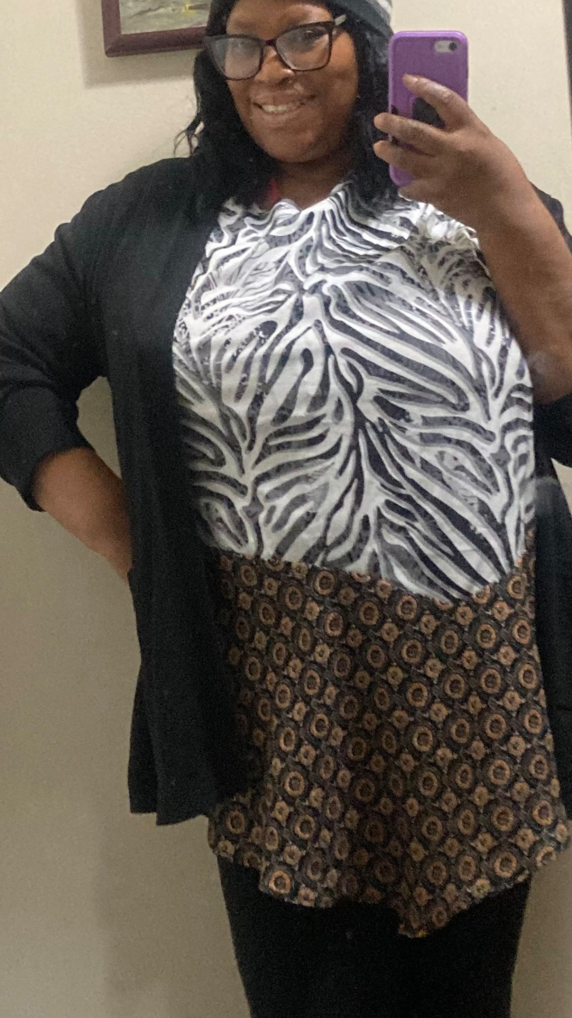 Cozy chic for cold weather ❄️ Rocking a bold mixed animal print top paired with sleek black leggings  and striped winter hat— the perfect stylish winter outfit! #WinterOutfit #AnimalPrintStyle #ColdWeatherFashion #OOTD #StyleInspo #ChicAndCozy #LeggingsLook

#LTKPlusSize #LTKdayinmylife #LTKOver40