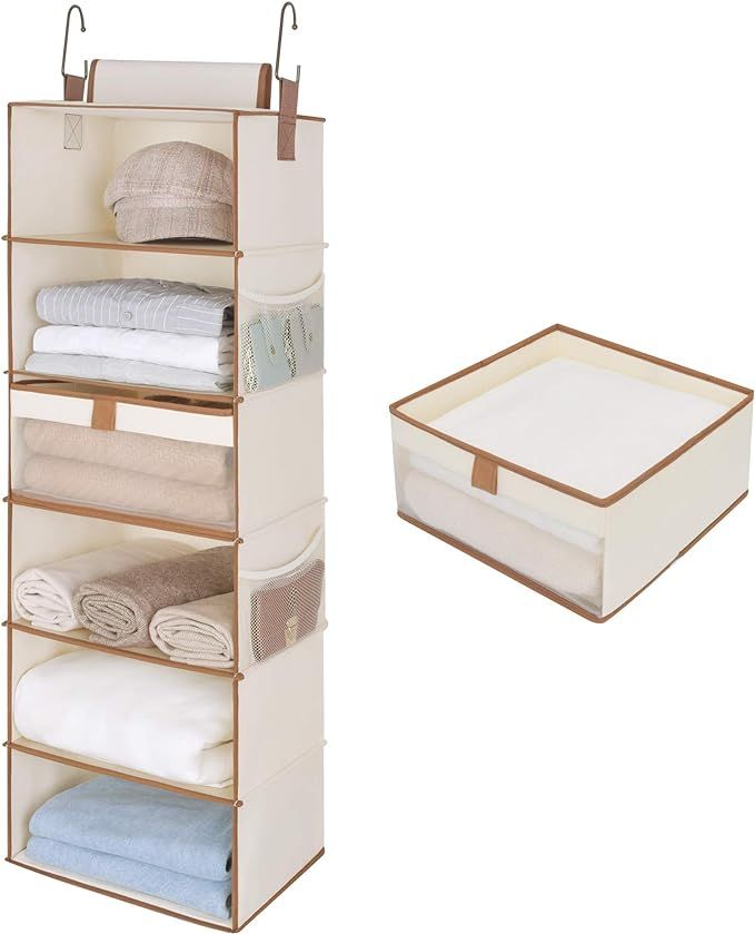 StorageWorks 6-Shelf Large Hanging Closet Shelves, Hanging Closet Organizer with 1 Drawer, Canvas... | Amazon (US)