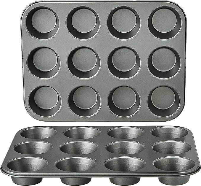 Amazon Basics Nonstick Round Muffin Baking Pan, 12 Cups, Set of 2, Gray, 13.9x10.55x1.22" | Amazon (US)