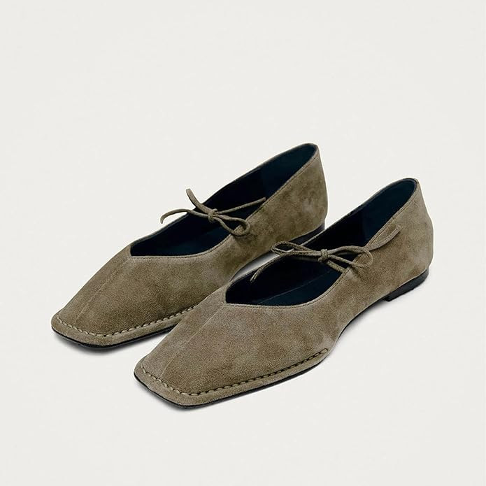 Lace Up Ballet Flats for Women Bow Square Toe Mary Jane Flats Slip On Leather Ballerina Shoes | Amazon (US)