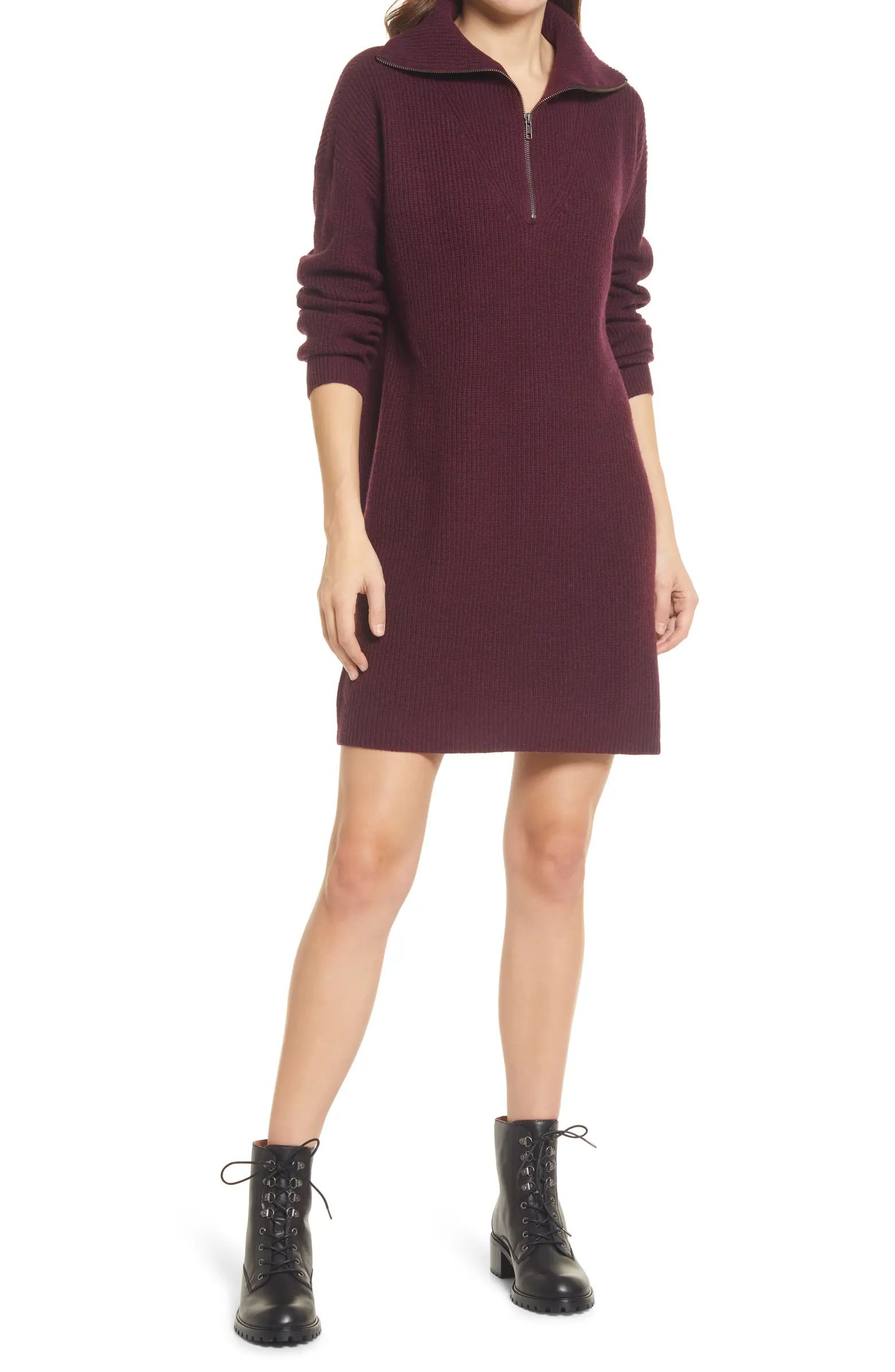 Madewell Long Sleeve Ribbed Half Zip Merino Wool Blend Sweater Dress | Nordstrom | Nordstrom