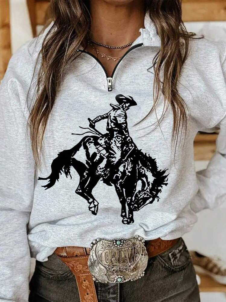 SHEIN MOOSTA Women's Casual Denim Print Drop Shoulder Sweatshirt, Autumn/Winter | SHEIN