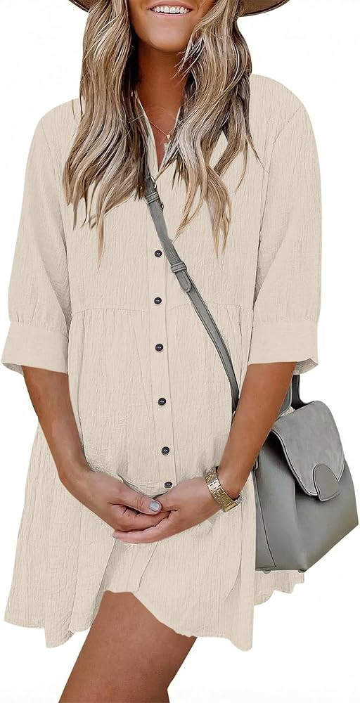 AUSELILY Summer Babydoll Dresses 3/4 Sleeve Button Down Casual A-Line Mini Cute Sundress Loose Fl... | Amazon (US)