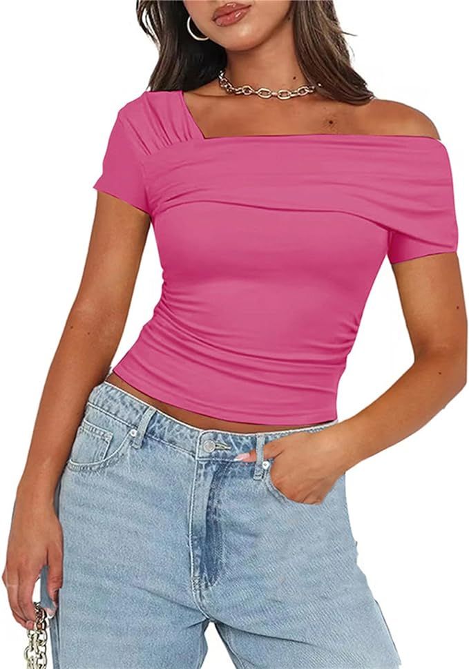 Women's One Off The Shoulder Top - Short Sleeve Ruched Going Out Crop Top Slim Fit Y2K T Shirt | Amazon (US)