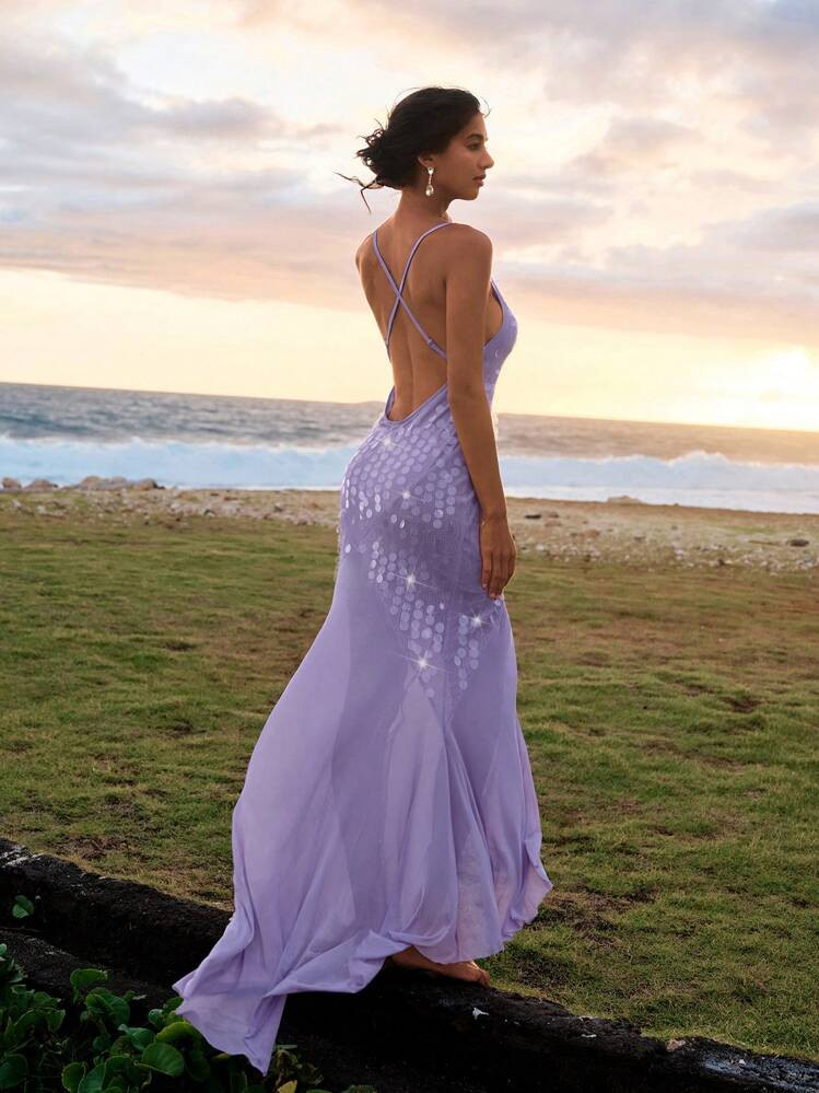 Opulessa Backless Sequin Patchwork Dress For Women, Vacation Style,Lavender Dress | SHEIN