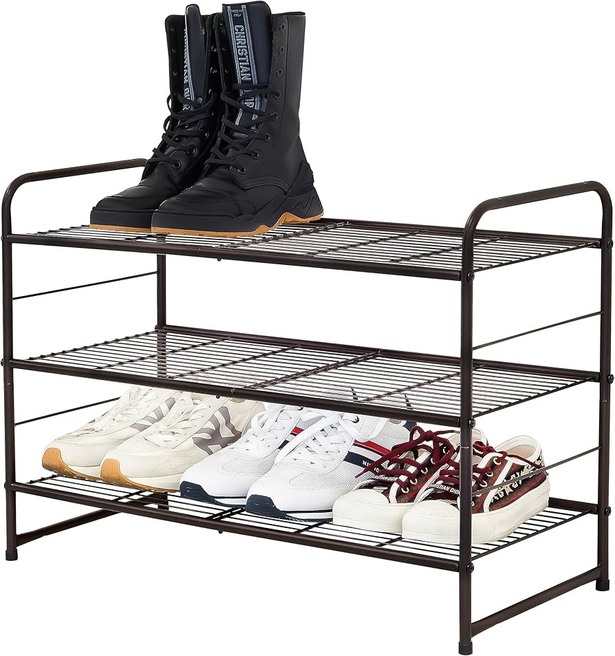 CAXXA Stackable and Expandable Shoe Rack, 3 Shelves Metal Wire Utility Rack, Bronze | Amazon (US)