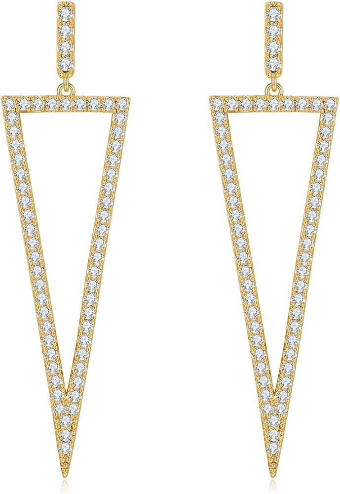 14K Gold Geometric Earrings for Women Pave CZ Bar Triangle Rectangle Oval Drop Earrings Statement... | Amazon (US)