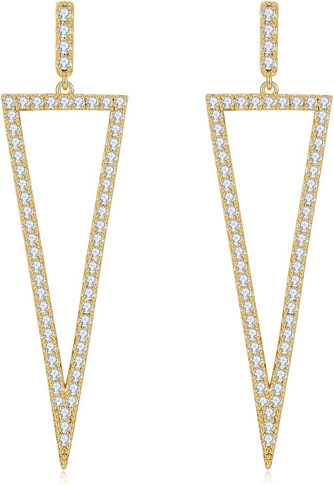 14K Gold Geometric Earrings for Women Pave CZ Bar Triangle Rectangle Oval Drop Earrings Statement... | Amazon (US)