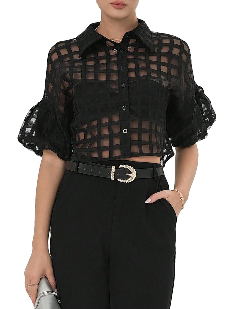 GORGLITTER Women's Sheer Cropped Button Down Shirt Summer Mesh Puff Short Sleeve See Through Tops... | Amazon (US)