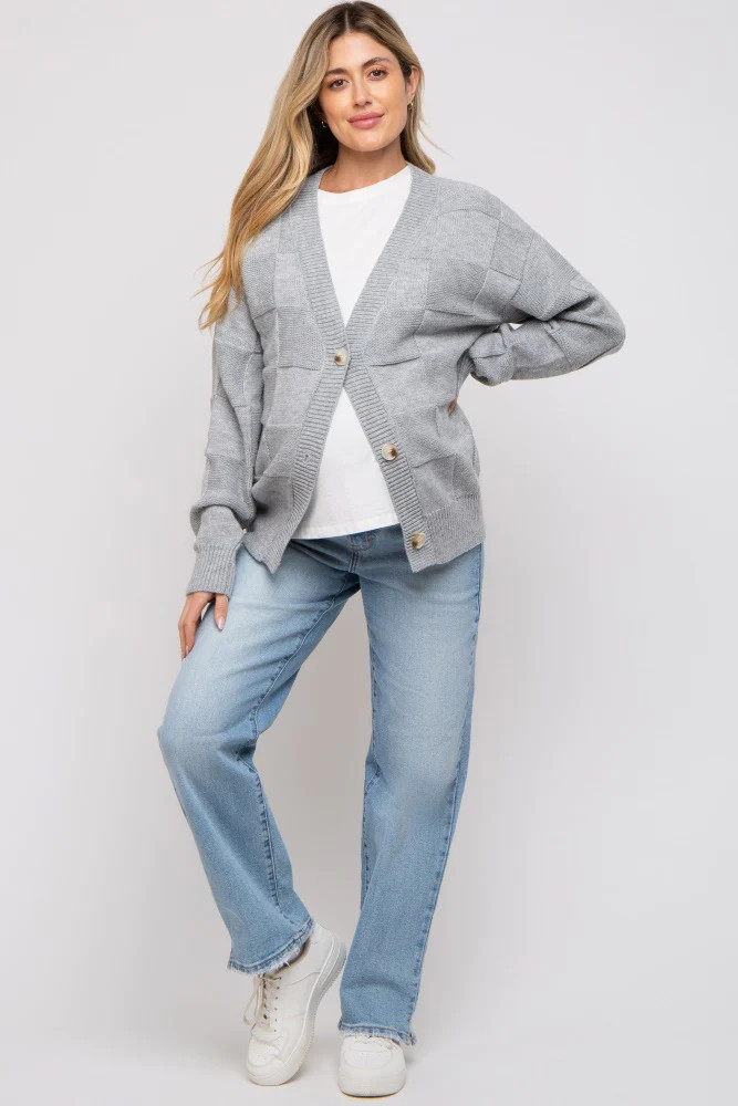 Grey Checkered Knit Button Front Maternity Cardigan | PinkBlush Maternity