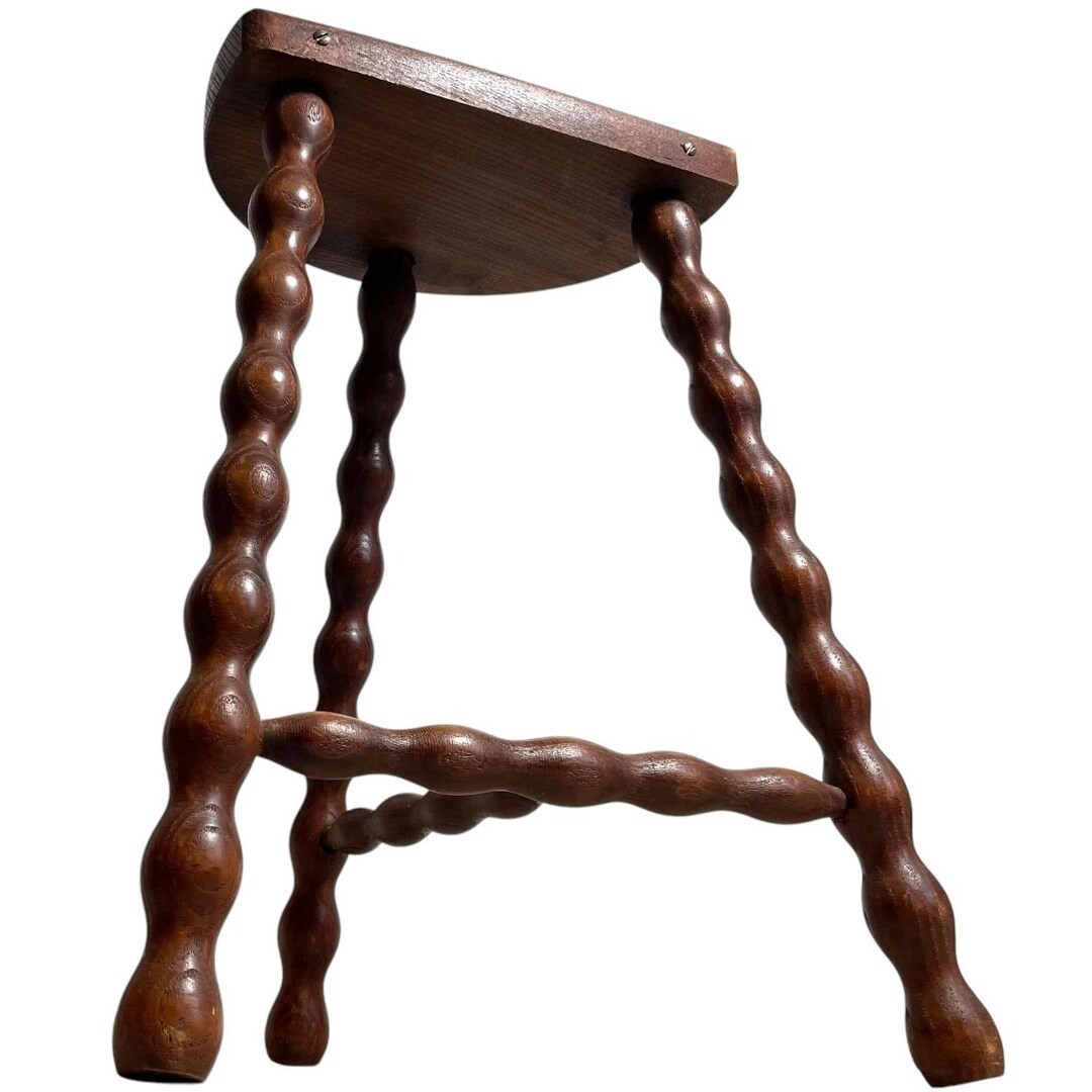 Vintage French Milking Stool Wooden Bobbin Leg Braced D Shaped Seat Step Stand Table Rustic Rural... | Etsy (US)