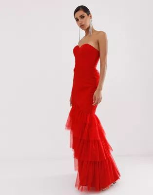 Bariano tiered tulle sweetheart bandeau maxi dress in red | ASOS US