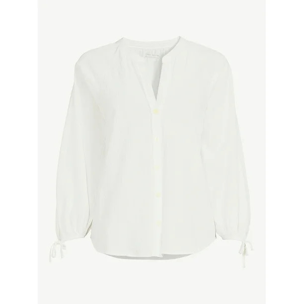Free Assembly Women's Gathered Button Down Top with 3/4-Length Tie Sleeves | Walmart (US)