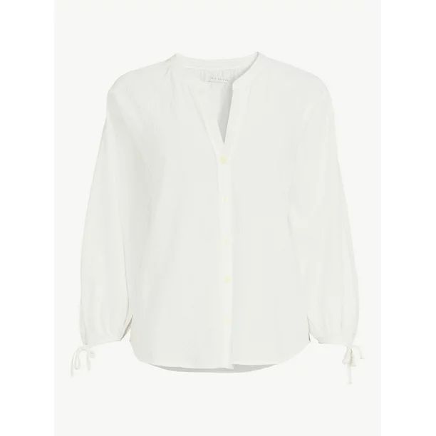 Free Assembly Women's Gathered Button Down Top with 3/4-Length Tie Sleeves | Walmart (US)