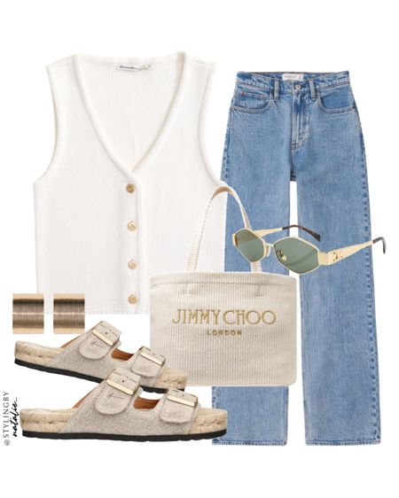 Knit waistcoat with gold buttons, high rise relaxed jeans, Jimmy choo beach bag, gold earrings, celine sunglasses & espadrille sandals.
Summer outfit, everyday style, weekend look, brunch outfit, smart casual.


#LTKsummer #LTKeurope #LTKstyletip