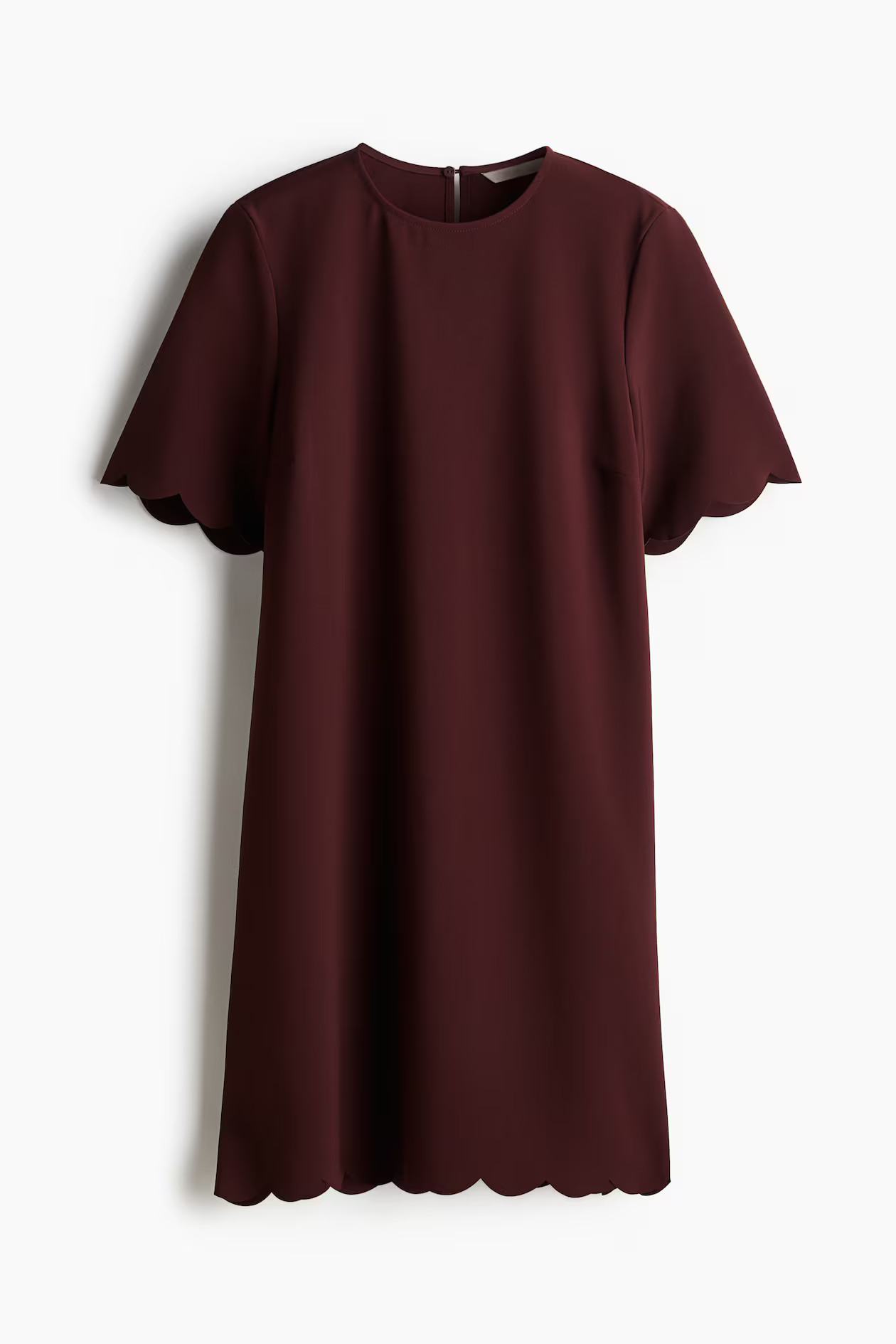 Scalloped dress - Round neck - Short sleeve - Burgundy - Ladies | H&M GB | H&M (UK, MY, IN, SG, PH, TW, HK)