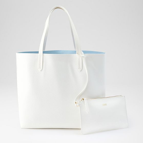 Reversible Tote with Pouch, White-Light Blue | Mark and Graham