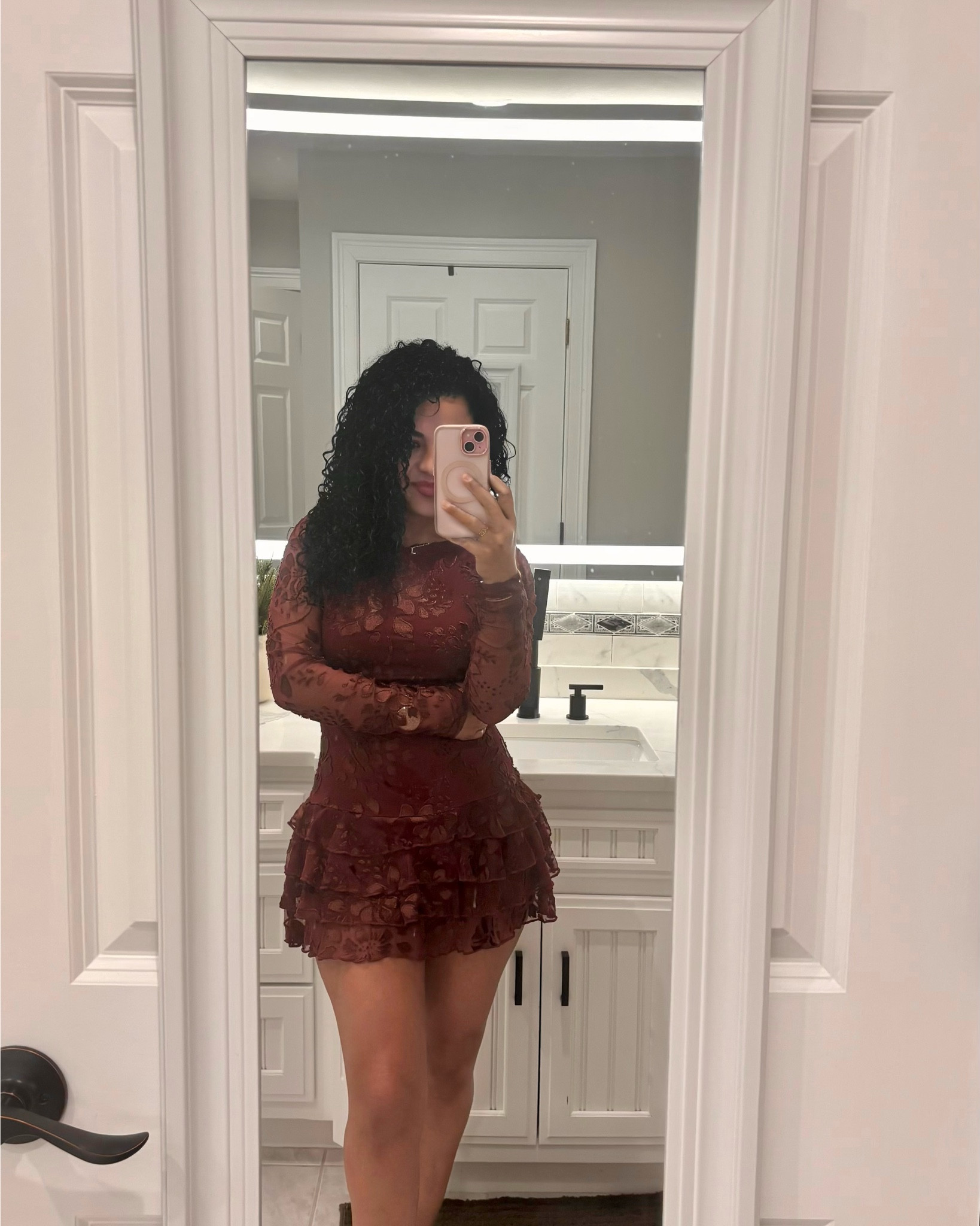 SHEIN BAE Women Burgundy Solid Color Elegant Lace Trim Layered Ruffles Hem Mini Dress For Dating Night Club Birthday Party Valentine's Day Floral Sexy Outfit, Long Sleeve Tiered Cake Layered Mini Dress, Summer Dress. #birthdayoutfit

#LTKSaleAlert #LTKgrwm #LTKootd