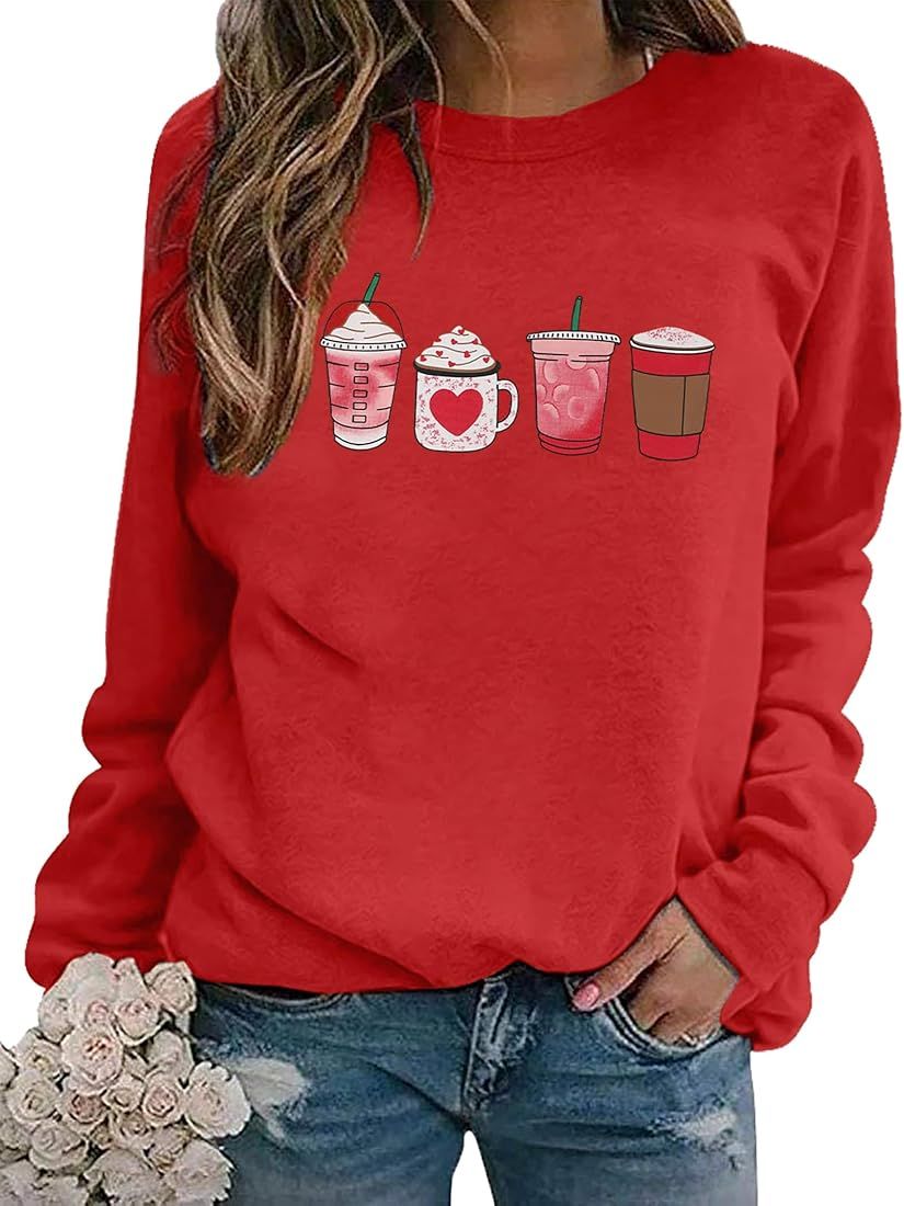 MYHALF Valentines Day Sweatshirt Women Valentine Shirts Love Heart Crew Neck Tops Lovely Coffee G... | Amazon (US)