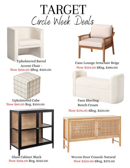 Target Circle Week Furniture Deals:
Upholstered barrel chair, Lounge Armchair, Woven Door Console Table, Cove Glass Cabinet, Faux Sherling Bench, square upholstered cube. 

#LTKsalealert #LTKhome