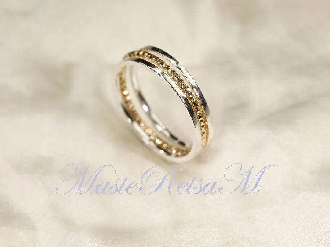 Handmade Sterling Silver Smooth Band & 14K Gold Filled Sparkle Ring-stackable 3 Rings Set-q - Ets... | Etsy (US)