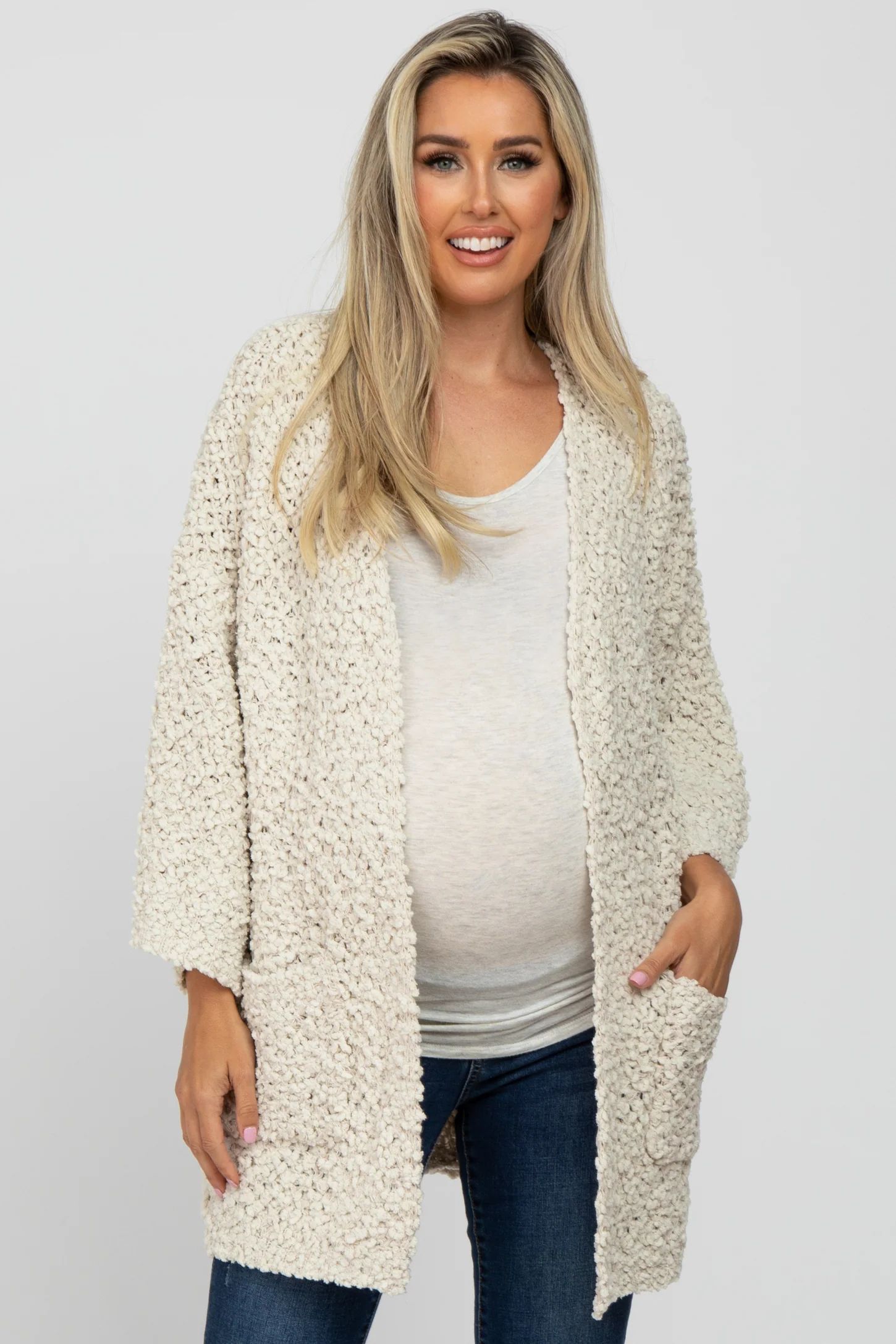 Beige Soft Popcorn Knit Maternity Cardigan | PinkBlush Maternity